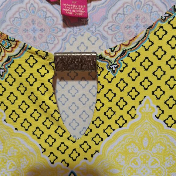 Sunny Leigh Womens Yellow  Printed Tunic Top Size M Stretch Morrocan 3/4 Slv Bar - Picture 3 of 7